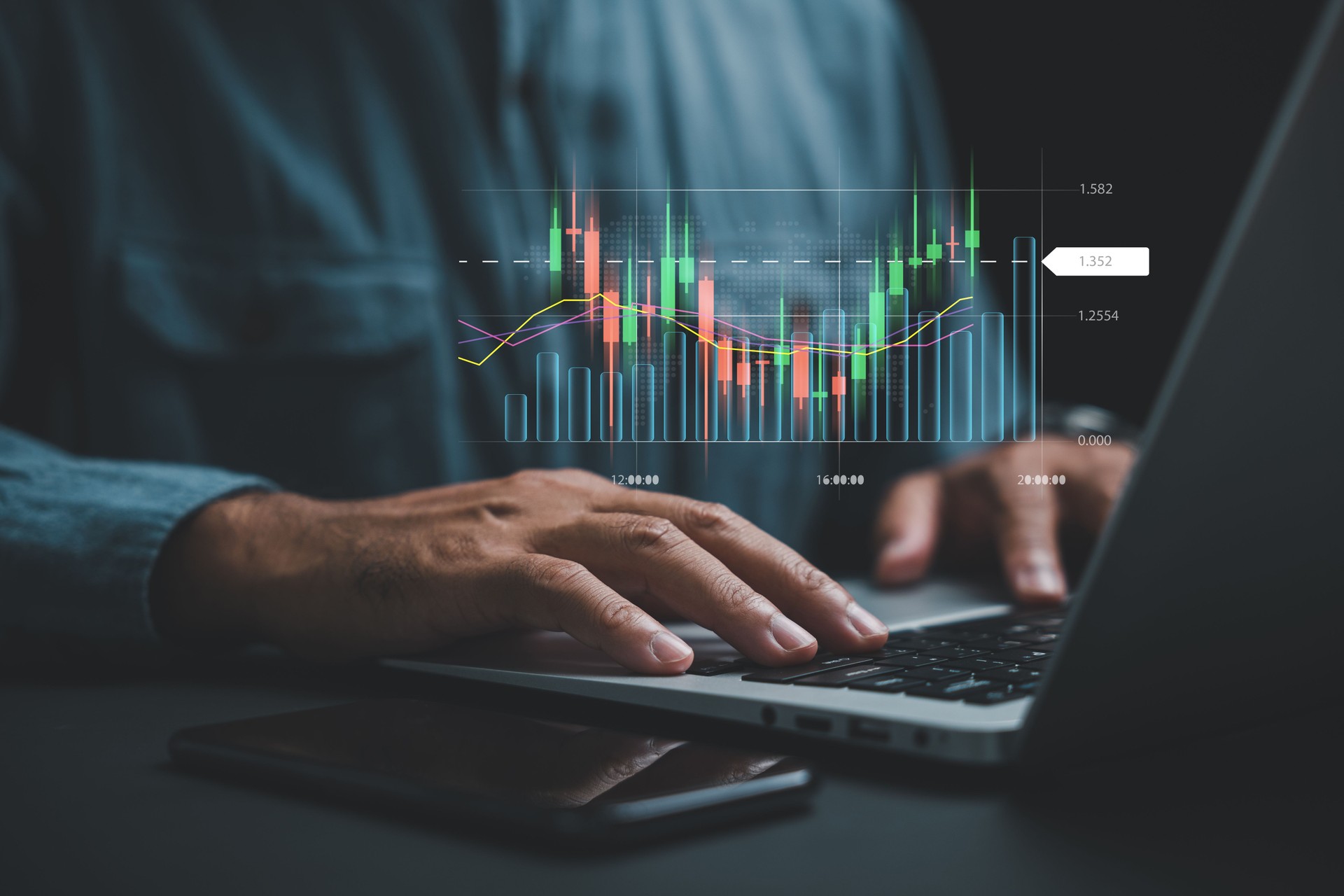 A trader or investor at home, executing trades and analyzing the stock market on a laptop computer